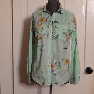 Cottagecore St. John's Bay Sage Floral Button Up Shirt Roll Tab Cotton Blouse